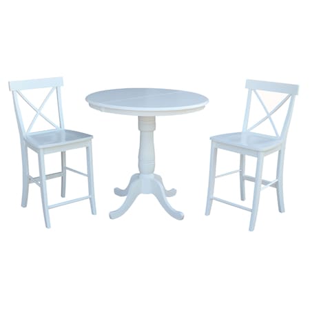 International Concepts Round 36 in Rd Extension Dining Table 36 inH, 2 X-Back Counter Ht Stools, White, 36 in W, 48 in L K08-36RXT-S6132
